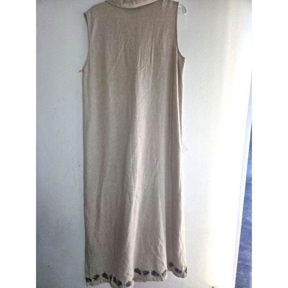Sag Harbor Beige w/Blue Embroiderd Detail Collard Henley Linen Maxi Dress sz 16 - Picture 2 of 8